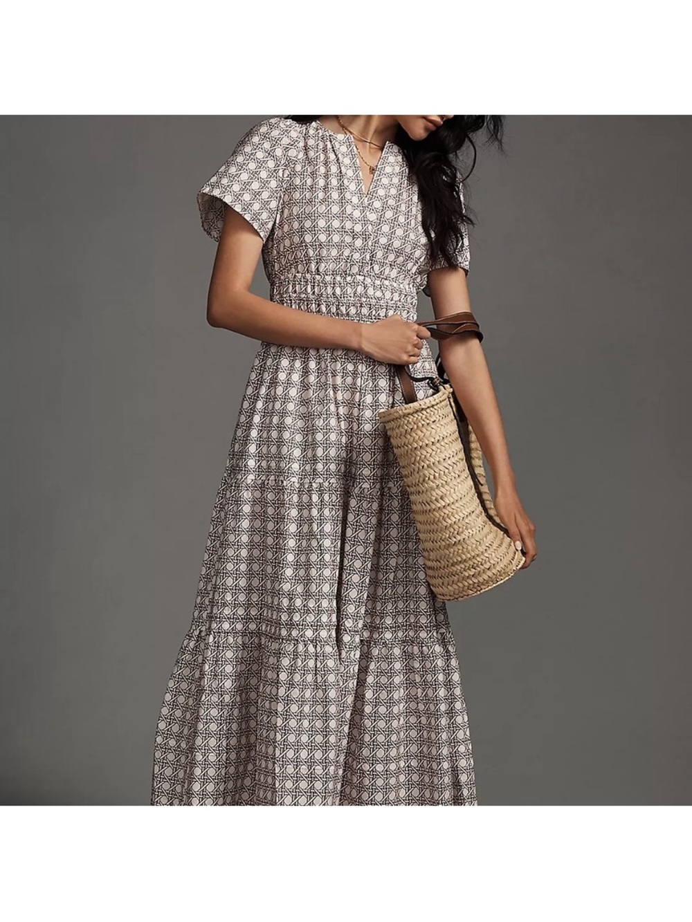 Anthropologie Somerset Dress in Burgundy Basketweave Geometric Print